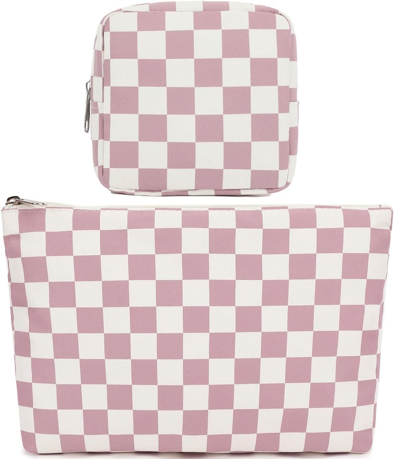 Fammart Checkered Makeup Bag, Travel Cosmetic Bag Organizer Toiletry Bag Make Up Bags with Zipper & Compartments for Women Girls, 2PCS - Image 1